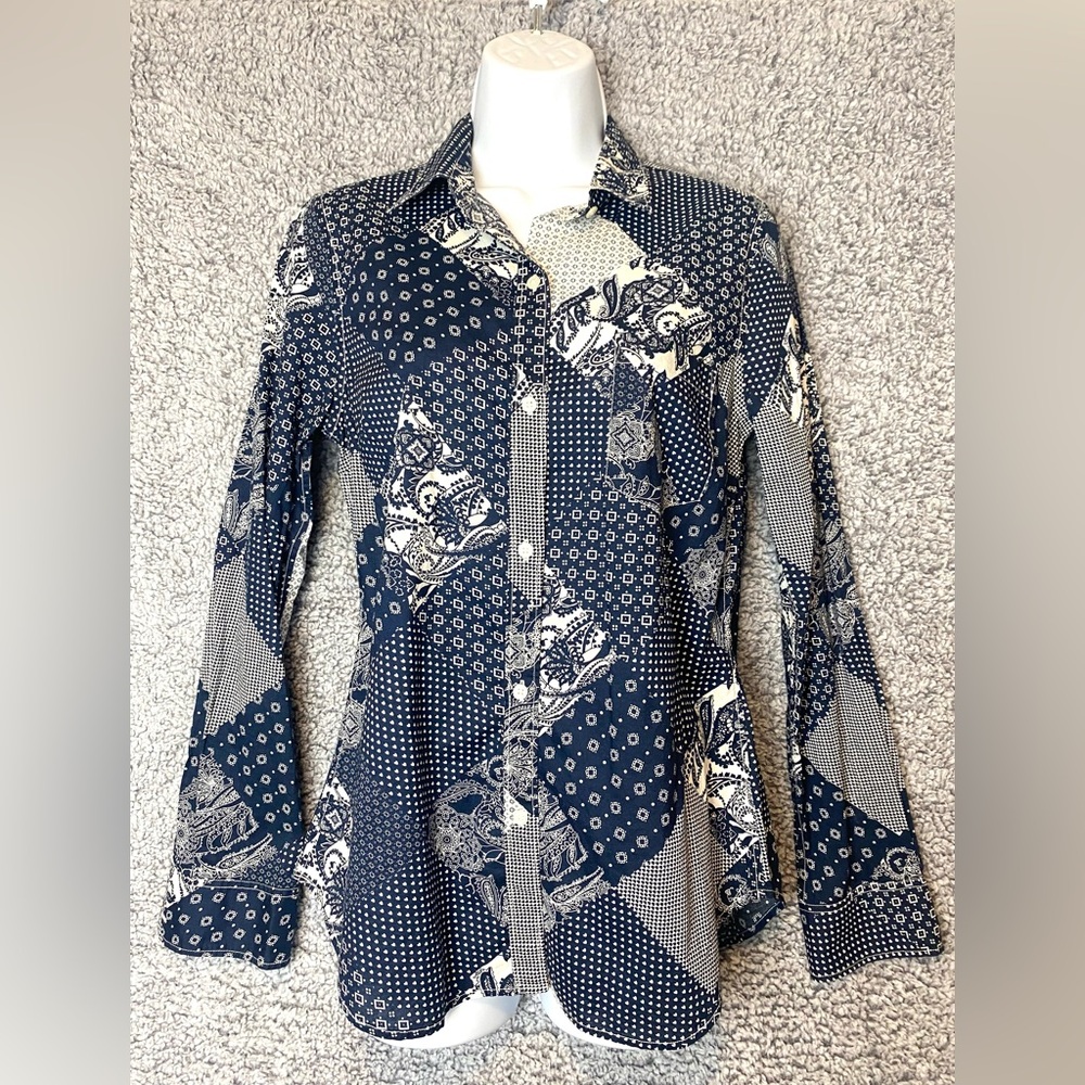 GAP 100% Cotton Navy Blue Patchwork Print Shirt Sz M Boho Hippie Grunge Bohemian
